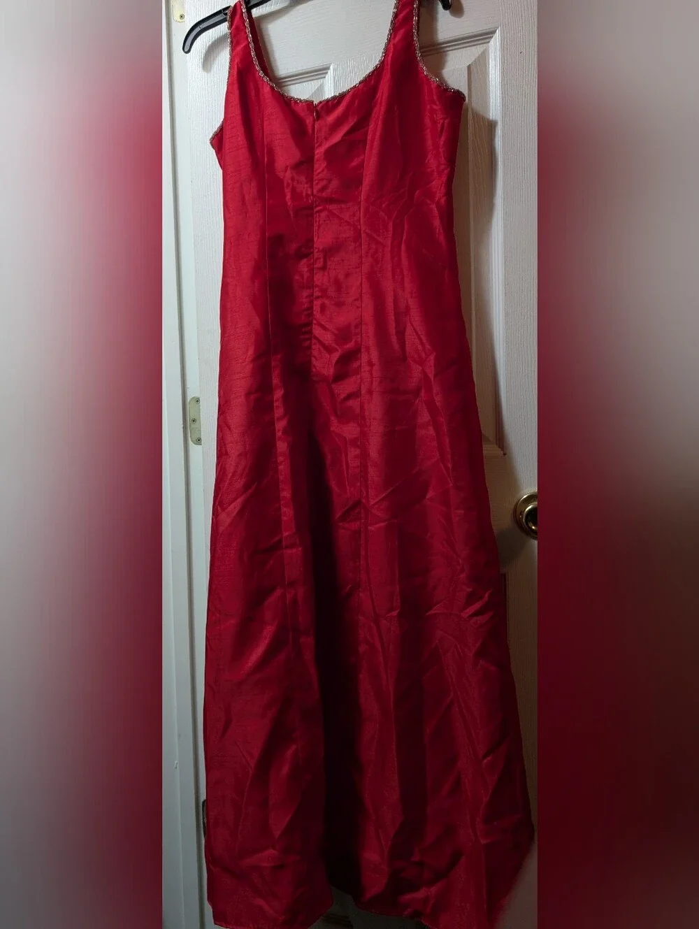 Vintage Red Satin-Like Formal Evening Gown Maxi Dress Beaded Trim Sleeveless - Picture 6 of 7
